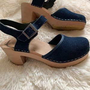 Denim Blue and Wood  Swedish Clogs 7.5-8
